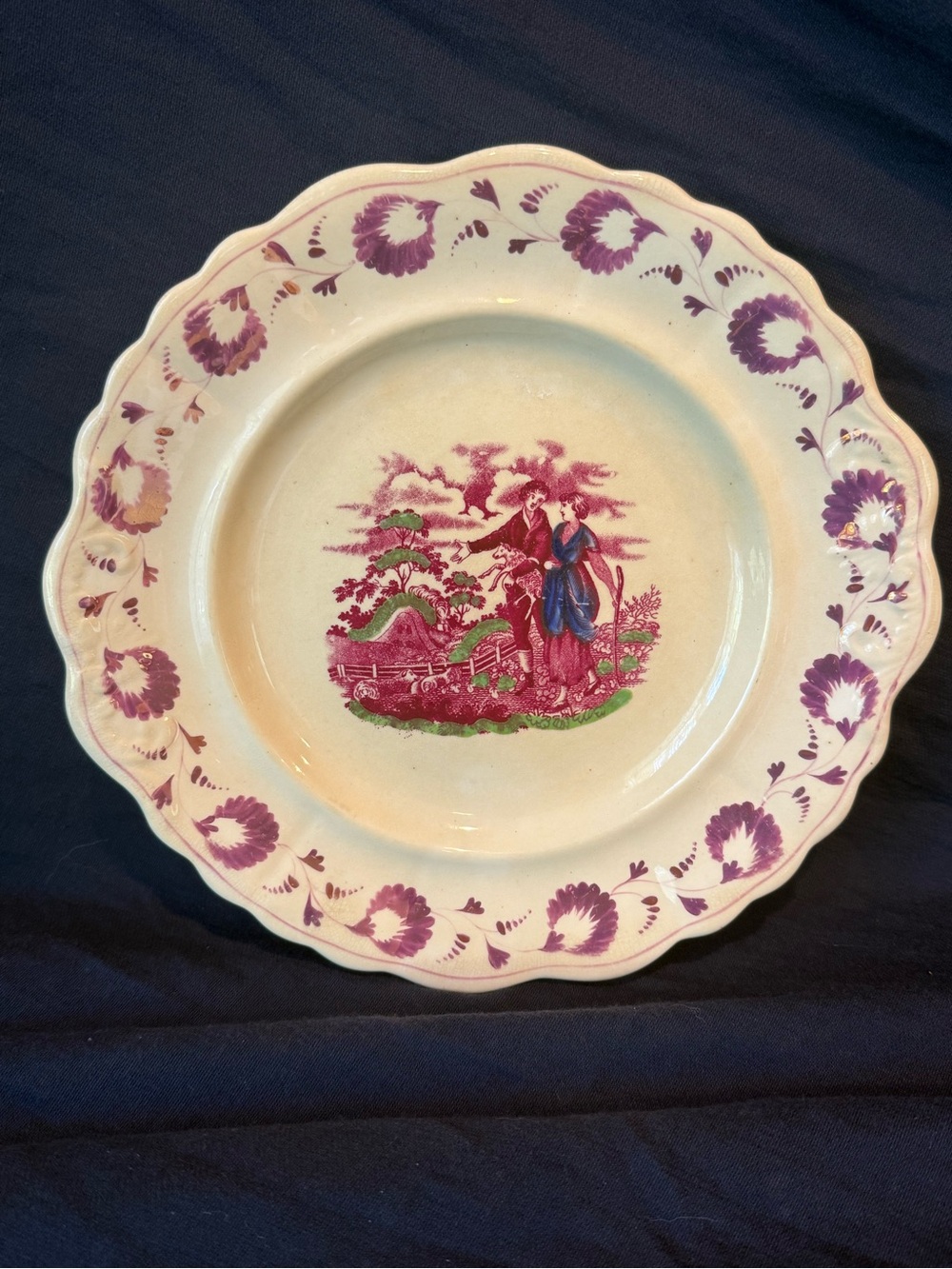 Vintage Pink Lustre Plate with transfer of a Shepherd and Shepherdess